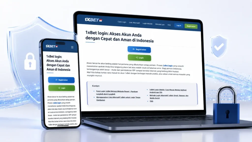 Tampilan 1xBet login di laptop dan smartphone dengan ikon keamanan data
