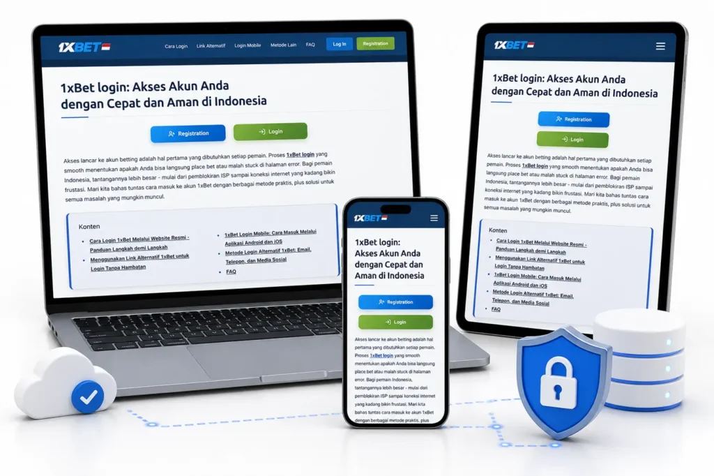 Tampilan 1xBet login responsif di laptop, tablet, dan smartphone