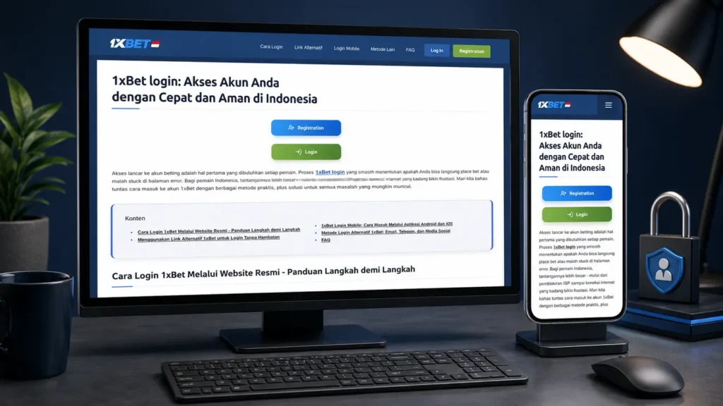 Tampilan 1xBet login di komputer desktop dan smartphone dalam suasana kerja